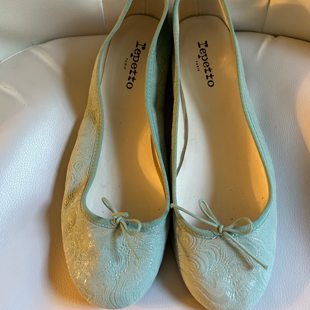Repetto France Buttery Leather Sage Green Damask Ballet Flats 42, RARE